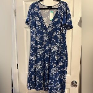 Blue with white flower knit wrap dress with tags! Brand new!